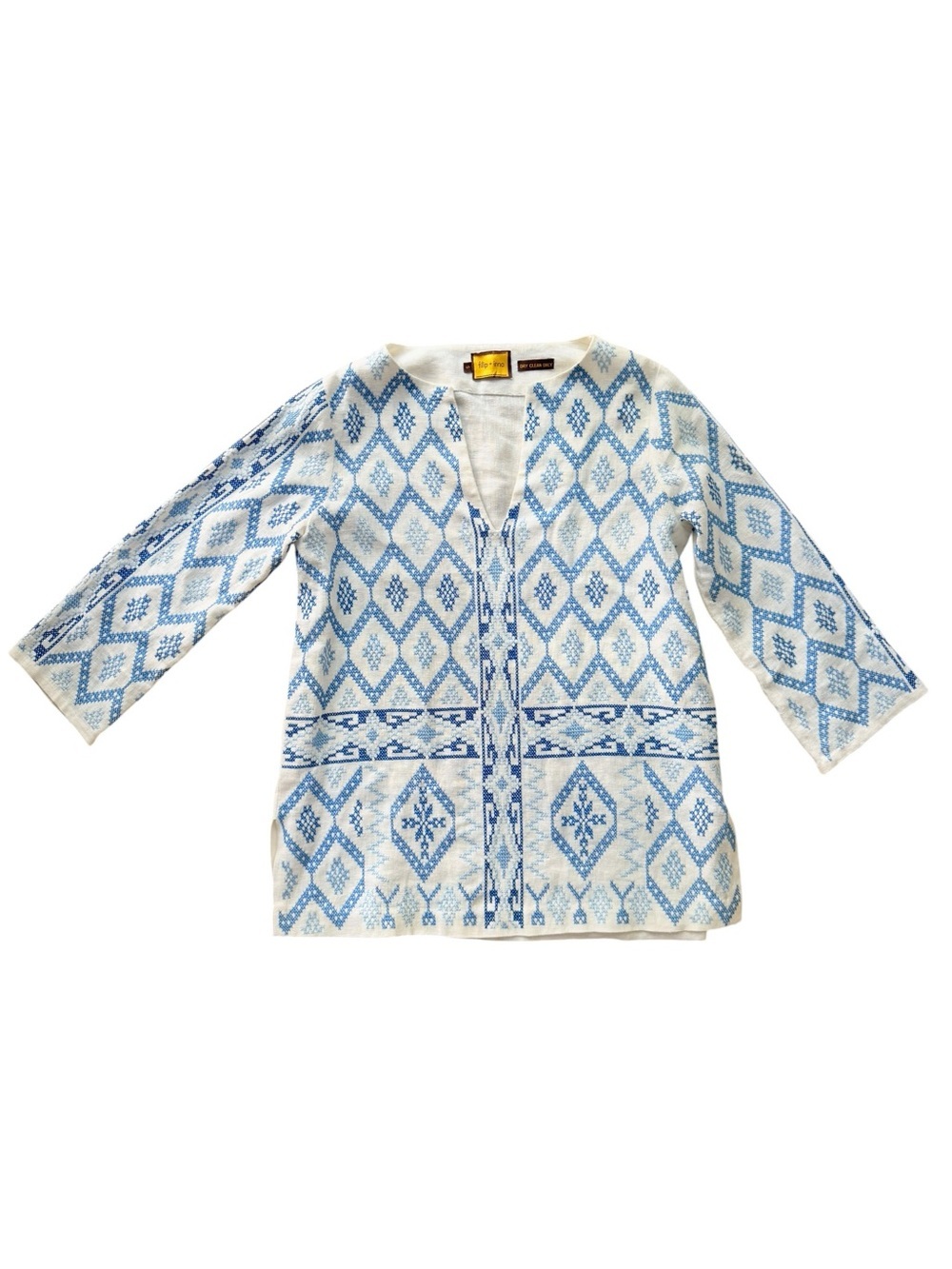 Filip + Inna Hand Embroidered Linen Tunic Top Blouse Blue Ivory Artisan Size S